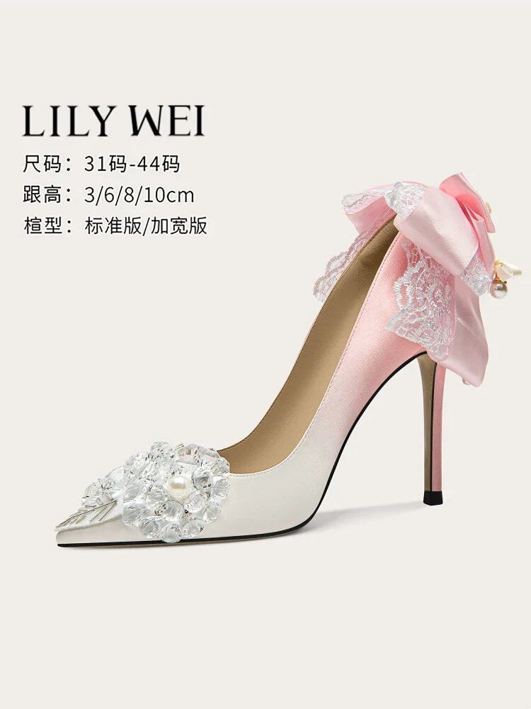 

Spring shallow silk pearl rhinestone lace bow wide version single shoes thin high heels banquet large size small size women shoe