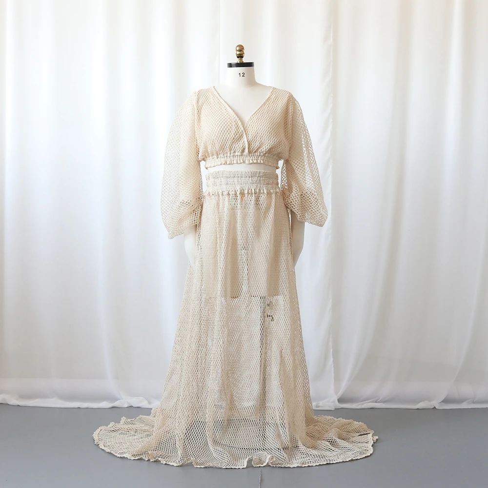 بوهو الأمومة التصوير فستان قطعتين الكروشيه متماسكة ماكسي الحمل ثوب فلوي شاطئ استحمام الطفل الزي الأمومة تبادل لاطلاق النار ارتداء