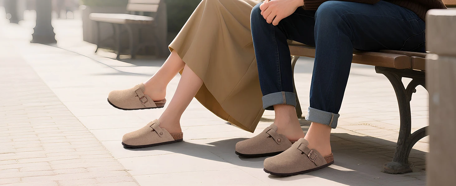 Shevalues Rutschfeste Unisex-Kartoffelschuhe mit Verstellbarer Schnalle, Korkfußbett, Veganen Wildleder-Clogs für Damen mit Fußgewölbestütze – Detail 3