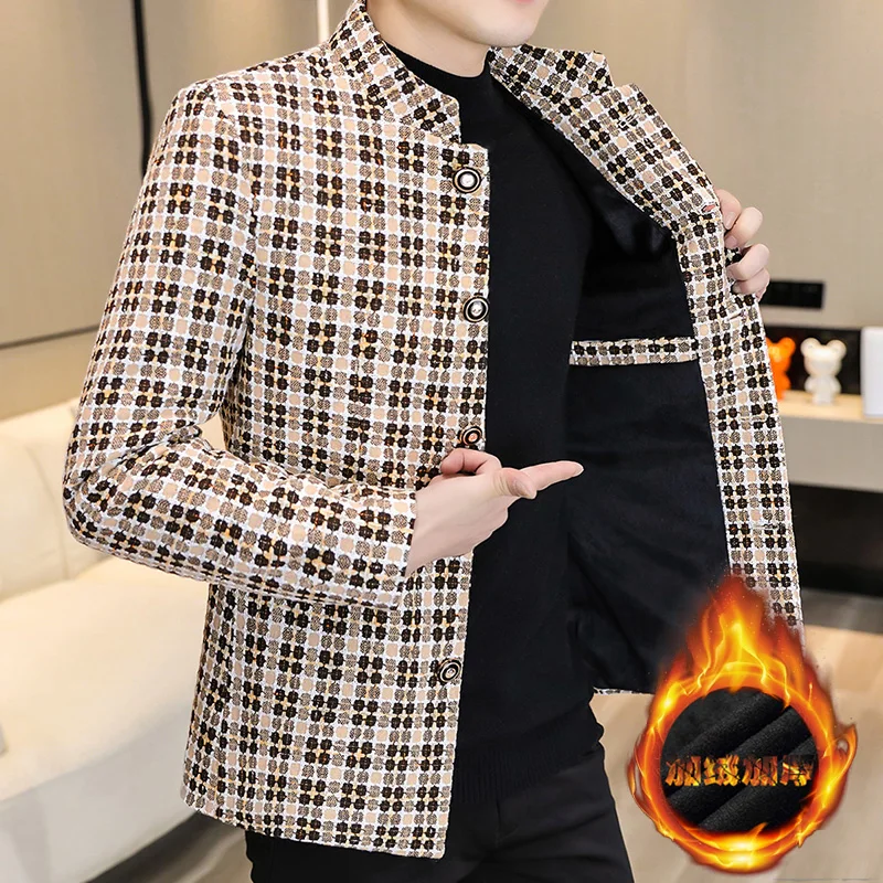 

Men's Stand Collar Fleece Lined Casual Woolen Jacket Thick Fashionable Tuxedo Style Autumn Outerwear Standard Fit Polyester