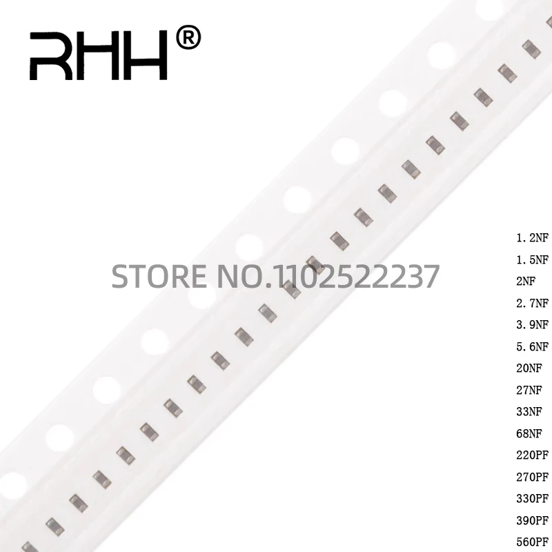 Capacitor cerâmico de SMD, microplaqueta 0402, 7NF, 200PF, 270PF, 560PF, 20NF, 68NF, 390PF, 330PF, 2.7NF, 33NF, 1.2NF, 1.5NF, 5.6NF, 3.9NF, 2NF, 100%, 50V, 100 PCes