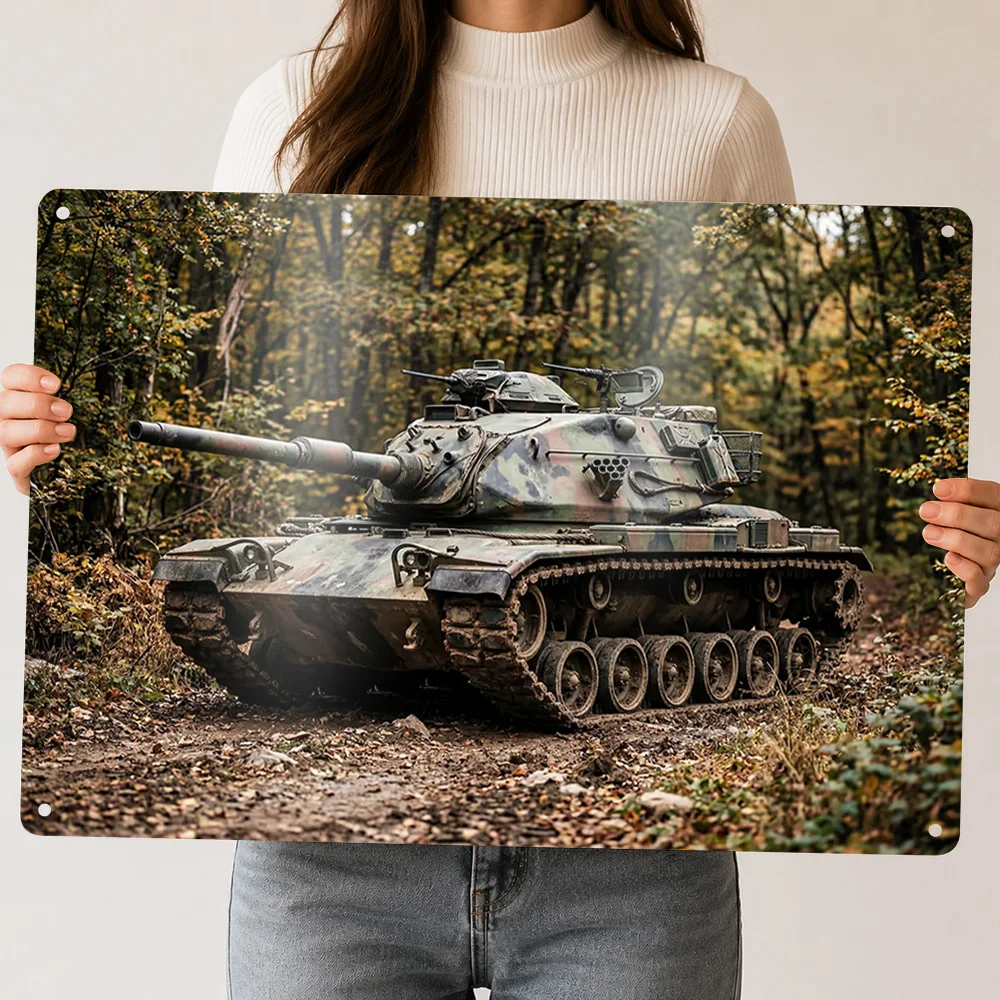 Camouflaged Tank in Autumn Forest Metal Poster Perfect Gift for Fans Lovers Customized Wall Art Metal Sign for Home Decorations