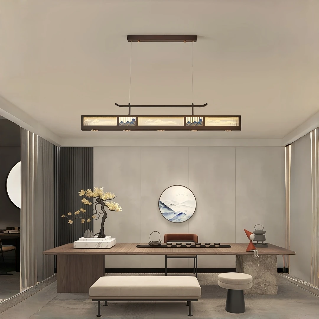 New Chinese Landscape Linear Pendant Light Long Strip Ceiling Lamp for Dining Room Kitchen Island Living Room Tea Room Restauran