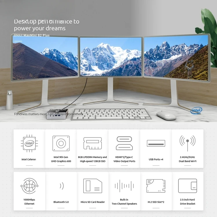 New Top Seller BMAX B2 Plus Windows10 Mini PC 8GB+256GB IntelCeleron J4125 RJ45 TF Card Mini  All-in-One Desktop Computer