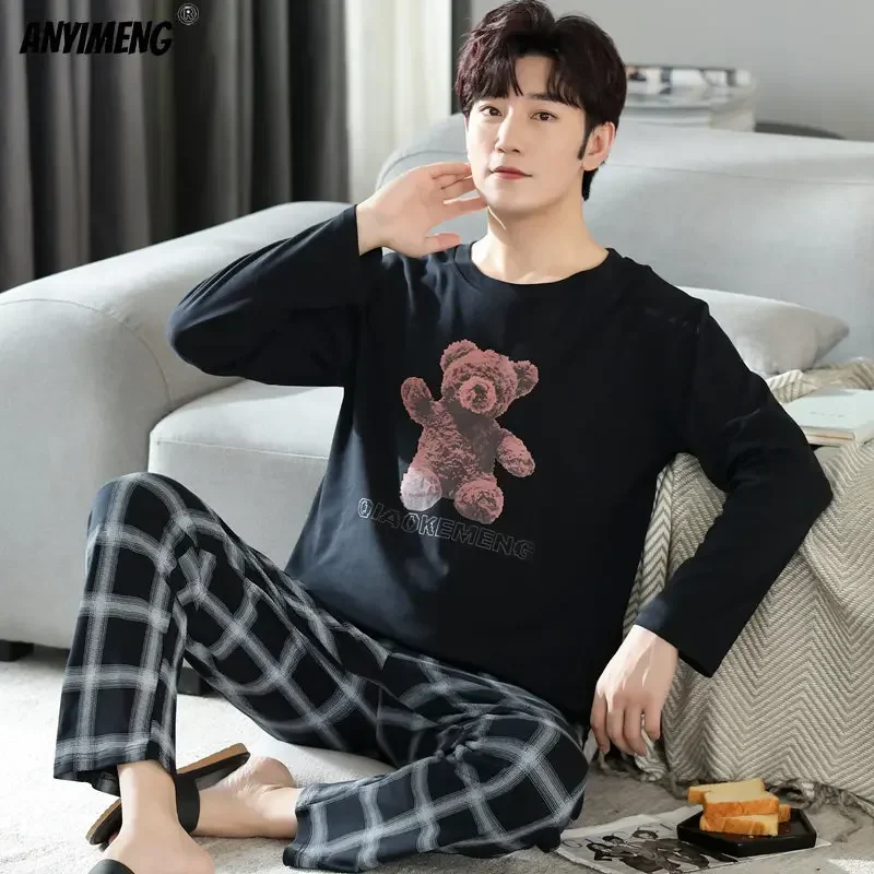 New Autumn Winter Cotton Pajamas for Men Homesuit Plus Size 4XL Long Sleeve Plaid Pants Causal Sleepwear Bear Print Pijamas