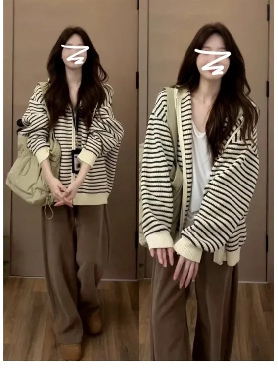 

Loose Korean Striped Hooded Knitted Cardigan Women's Early Autumn Long Sve Sweater Coat Comfortable Breathable Spring Autu...