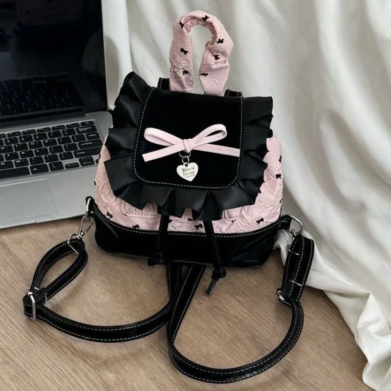 Lolita preto rosa arco babados mochila feminina meninas compacto doce fedoroso commuter versátil senhoras elegante mochilas mujer