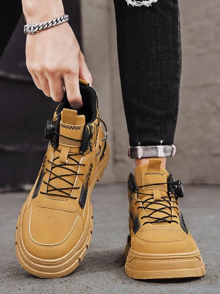 Spring Autumn Men's Cargo Boots Thick Sole High Top Casual Wear Resistant Rotating Buckle Outdoor Trendy Youth Student Shoes