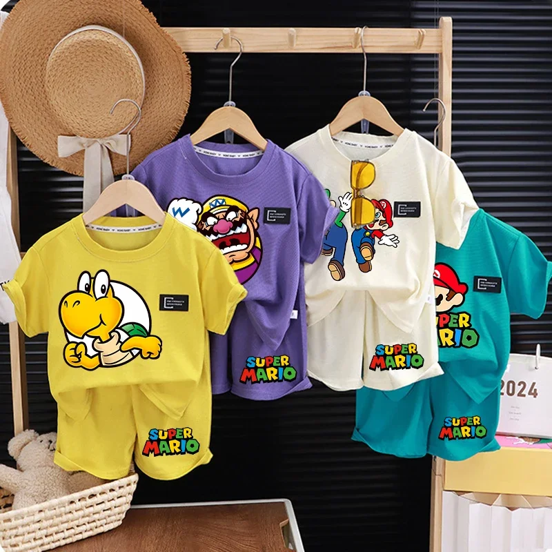 Super Bros T-shirt+shorts Luigi Yoshi Cartoon Anime Figures Short Sleeve Set Summer Clothing Casual Fashion Trend Clothes Gift