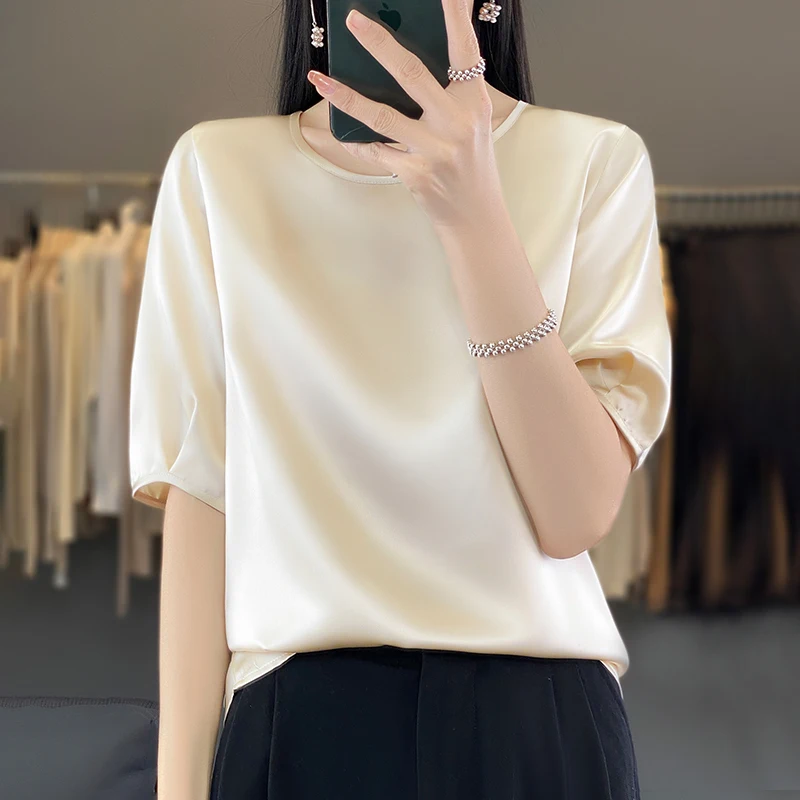 Summer New Round Neck Short Sleeve Satin T-shirt for Women with Five Sleeves Loose and Thin Sleeve Acetic Top