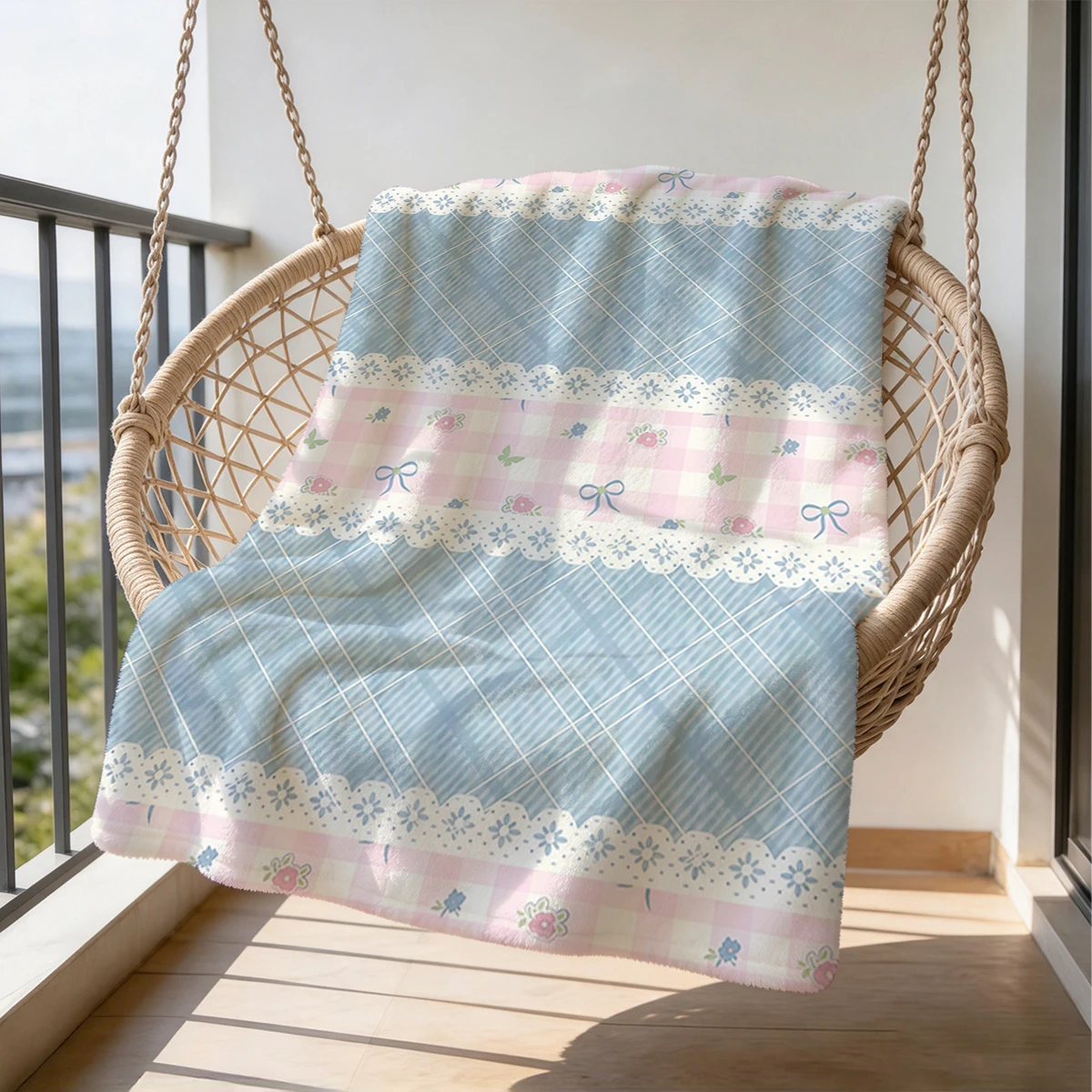Denim Gingham Lace Bows Flannel Blanket Warm Soft Halloween Christmas Couch Warm Cozy Decorative Decor Gift for All Season