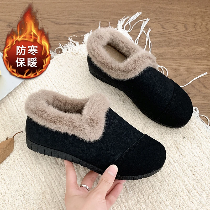 Womens Casual Single Shoes Flat Bottomed Low Heel Round Toe Anti Slip Soft Sole Winter PU with Plush Inside Warm Low Top Shoes