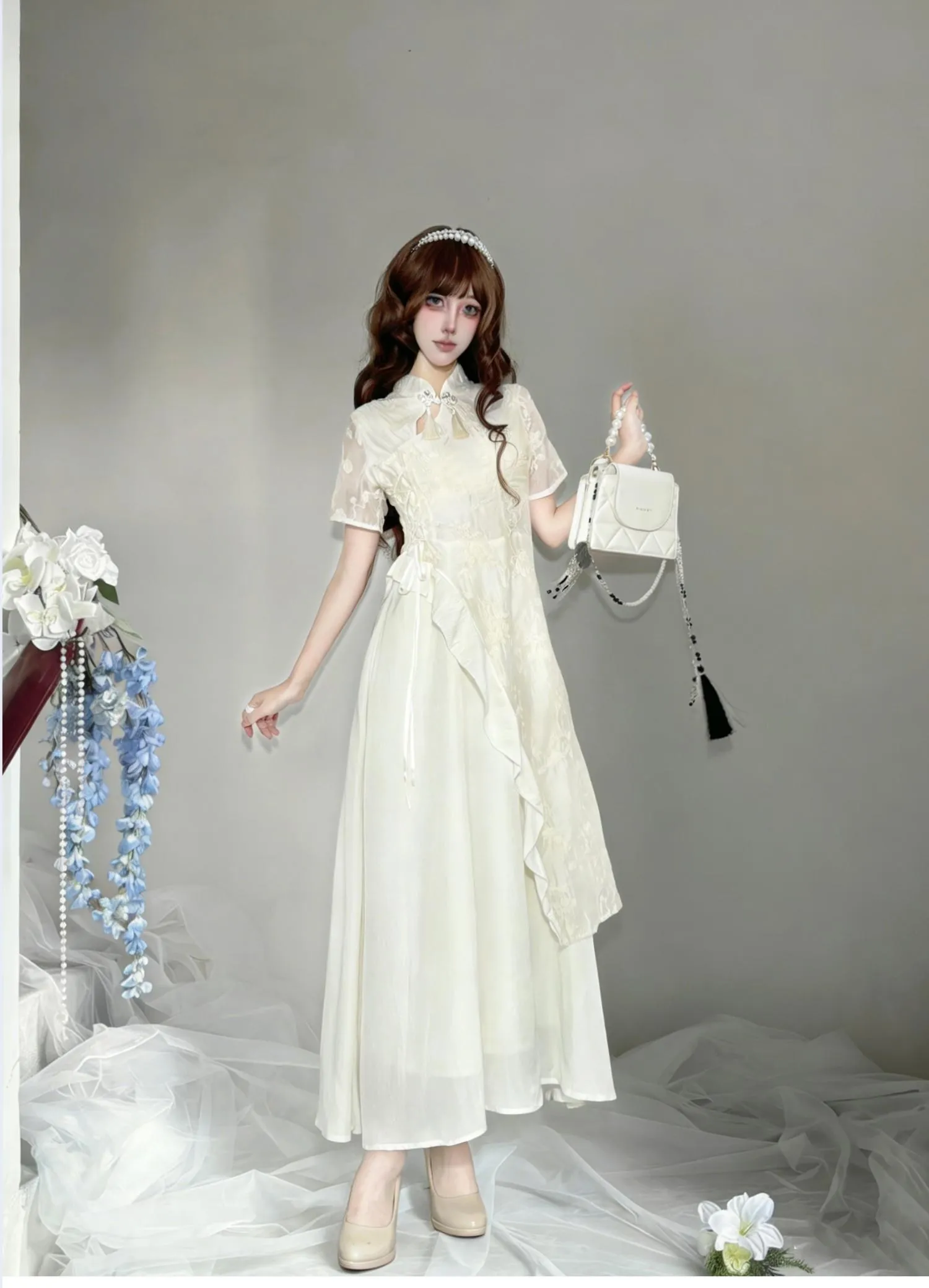 Elegant White Cheongsam Dress For Women Modern Chinese Style Qipao Asymmetrical Maxi Dress For Daily & Party - view 5