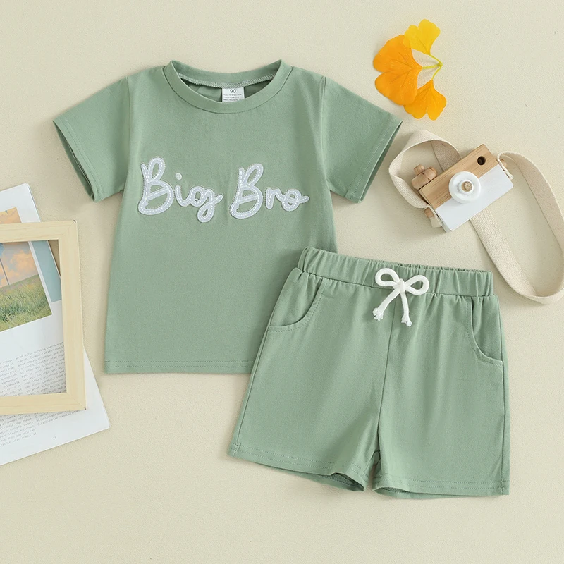 Brother Sister Matching Outfits Letter Embroidery Short Sleeve Round Neck T-Shirt with Shorts 2 Pcs Outfit Children's Clothing