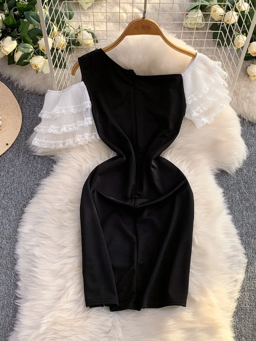 Foamlina vestido de verão feminino sexy lantejoulas retalhos fora do ombro em camadas malha rendas babados manga curta magro mini vestido de festa