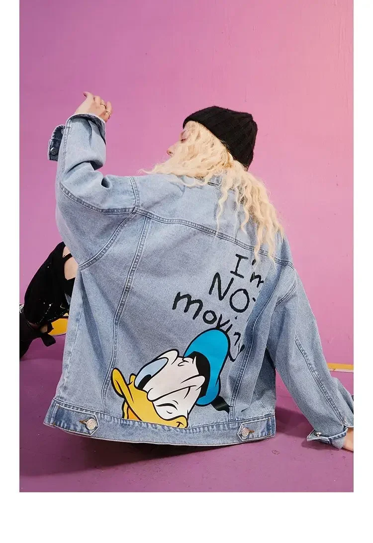 Fashionable Retro Printing Lapel Long-Sleeved Denim Jacket for Women 2023 Spring and Autumn Loose Cartoon Duck Jeans Coat Female