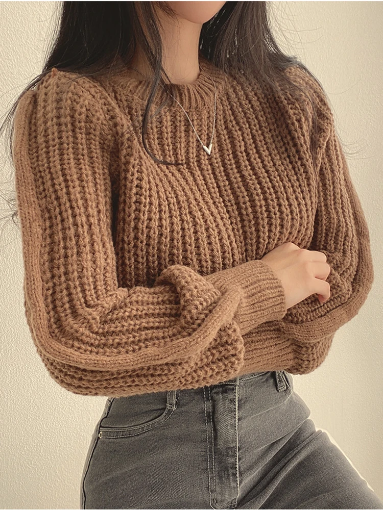 Sweater Women\'s Autumn And Winter Korean-style Age-reducing Pink Puff Sleeve Soft Waxy Season Fashion Loose Pullover Knitted Top