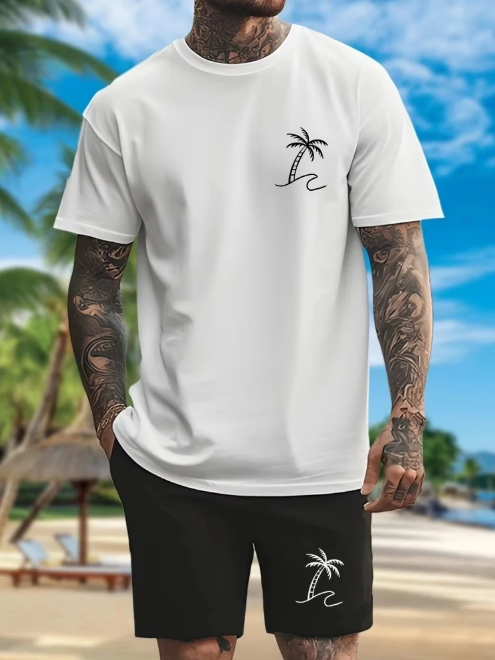 

2026 Men T-shirt Coconut Tree Gradient Soft Breathable Round Neck T-shirt and Shorts Set Outdoor Urban Leisure Two Piece Set