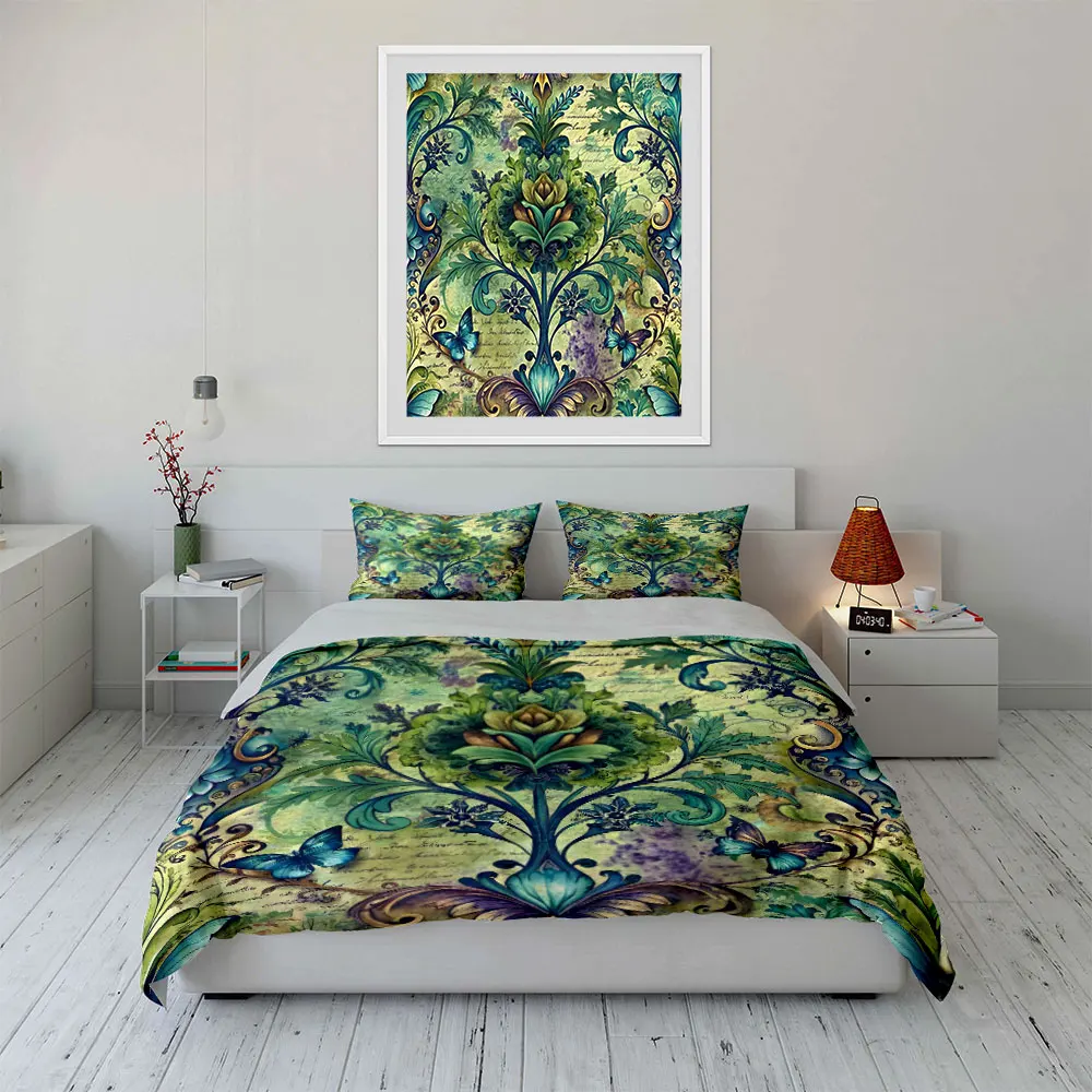 Elegant vintage floral and butterfly Printed Duvet Cover Set 1 Duvet Cover+2 Pillowcase Multi Size Bedroom Bedding Decor 4