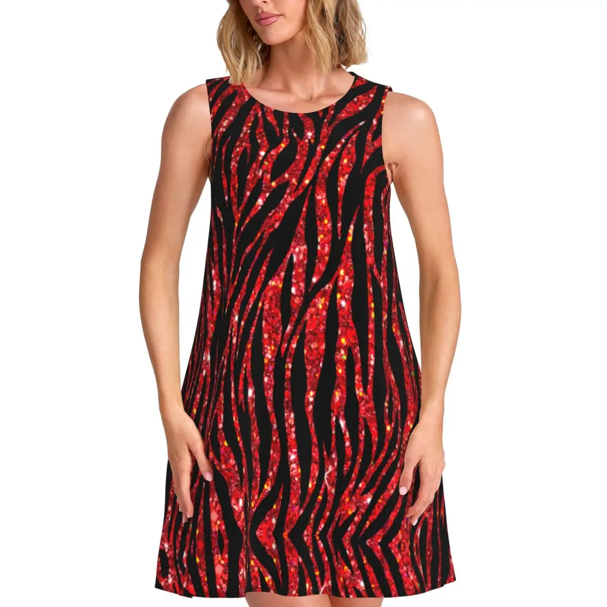 Glitter Zebra Pattern Tank Dress Trendy Modern Animal Print Street Style Dresses Summer Cute Dress Hot Sale Vestido Big Size