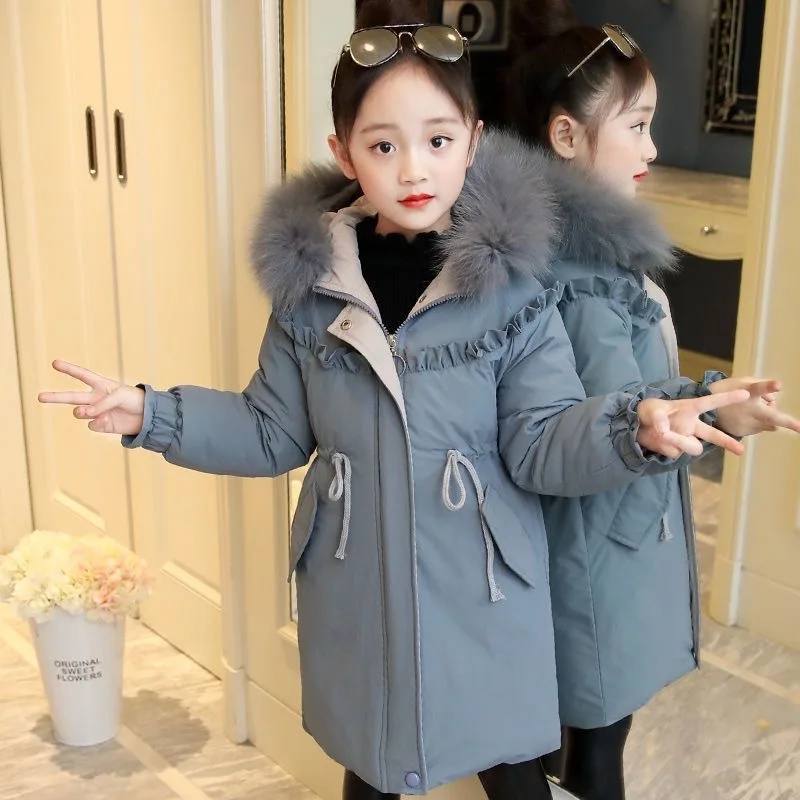 Winter Warm Jackets for Girls Two Colors Faux Fur Hooded Coat Kids White Duck Down Parkas Children Cotton Long Outwear