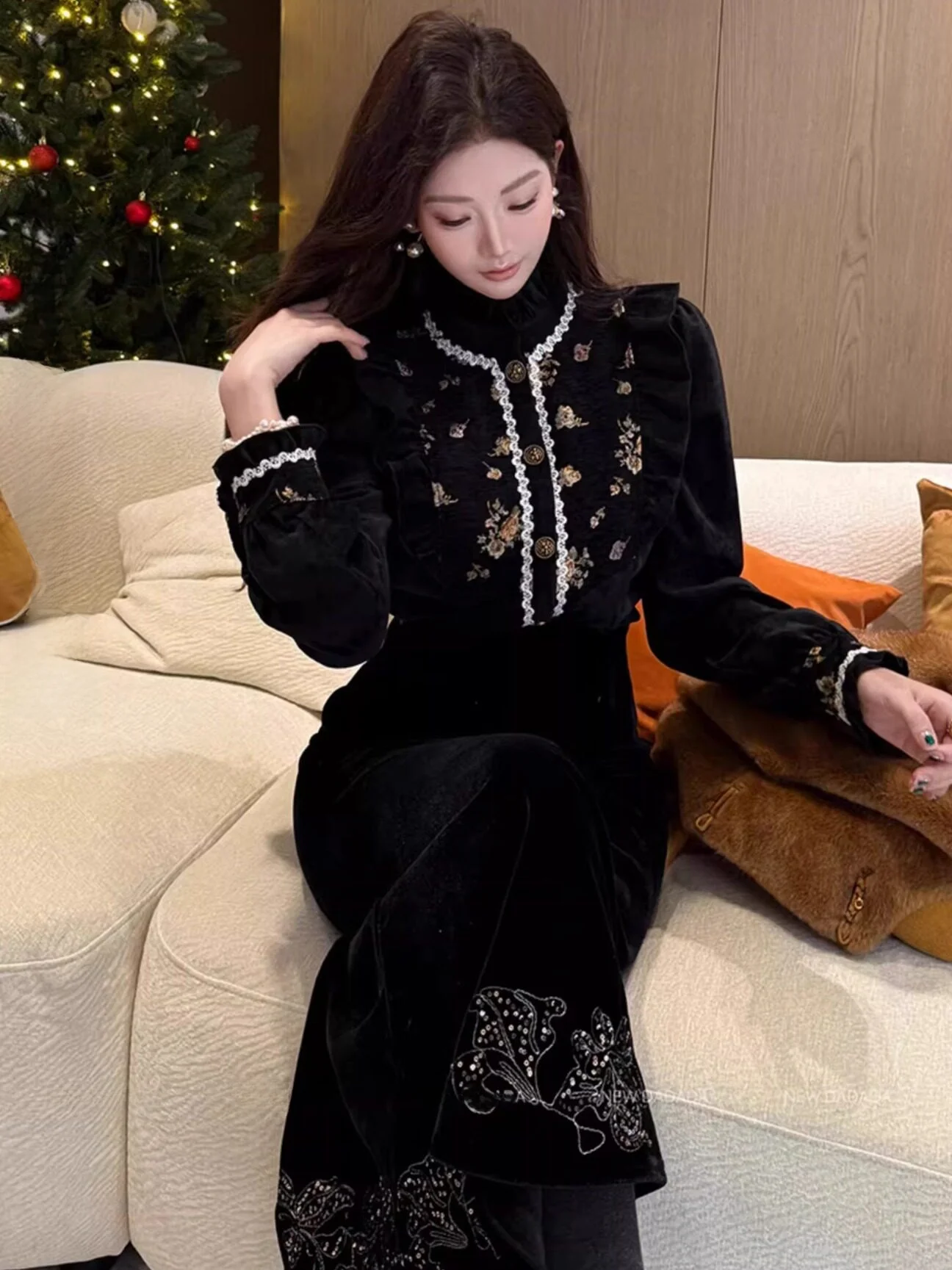 

Faionable Casual Versatile irt Lida New Dadada Rose Gold Embellied YUM4287 Straight Cut Polyester Fiber Long Sve Kni...