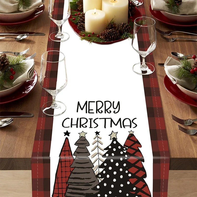 

Winter Christmas Table Runner Red And Black Buffalo Plaid Merry Christmas Trees Table Runner, Kitchen Dining Table