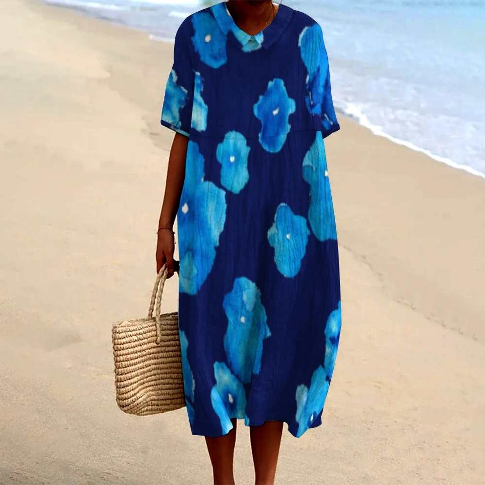 

Retro Smudge Blue Flower Print Women's Lapel Dress Casual Loose Long Dress Designer New Trend Beach Vacation Dresses