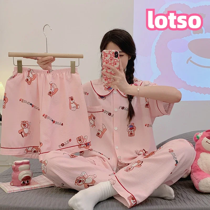 Lotso Three-piece Set of Short-sleeved Pyjamas Can Be Worn Over Long Pants and Shorts Dormitory Bedrooms Holiday Gifts Girl Cute