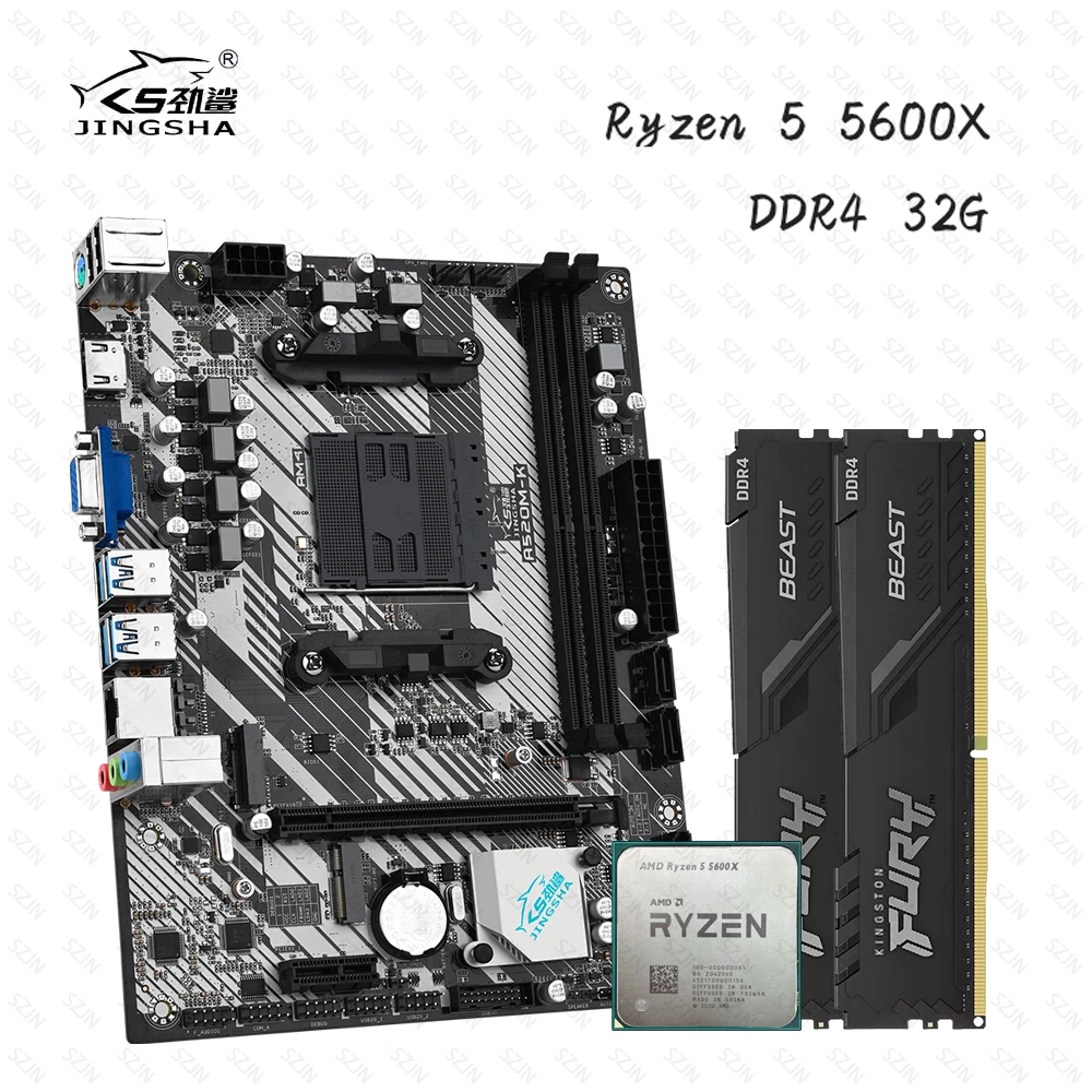 JINGSHA  A520 Kit AMD Ryzen 5 5600X 2*16GB = 32GB Memory DDR4 3200 Desktop RAM AM4 Motherboard Gaming Set