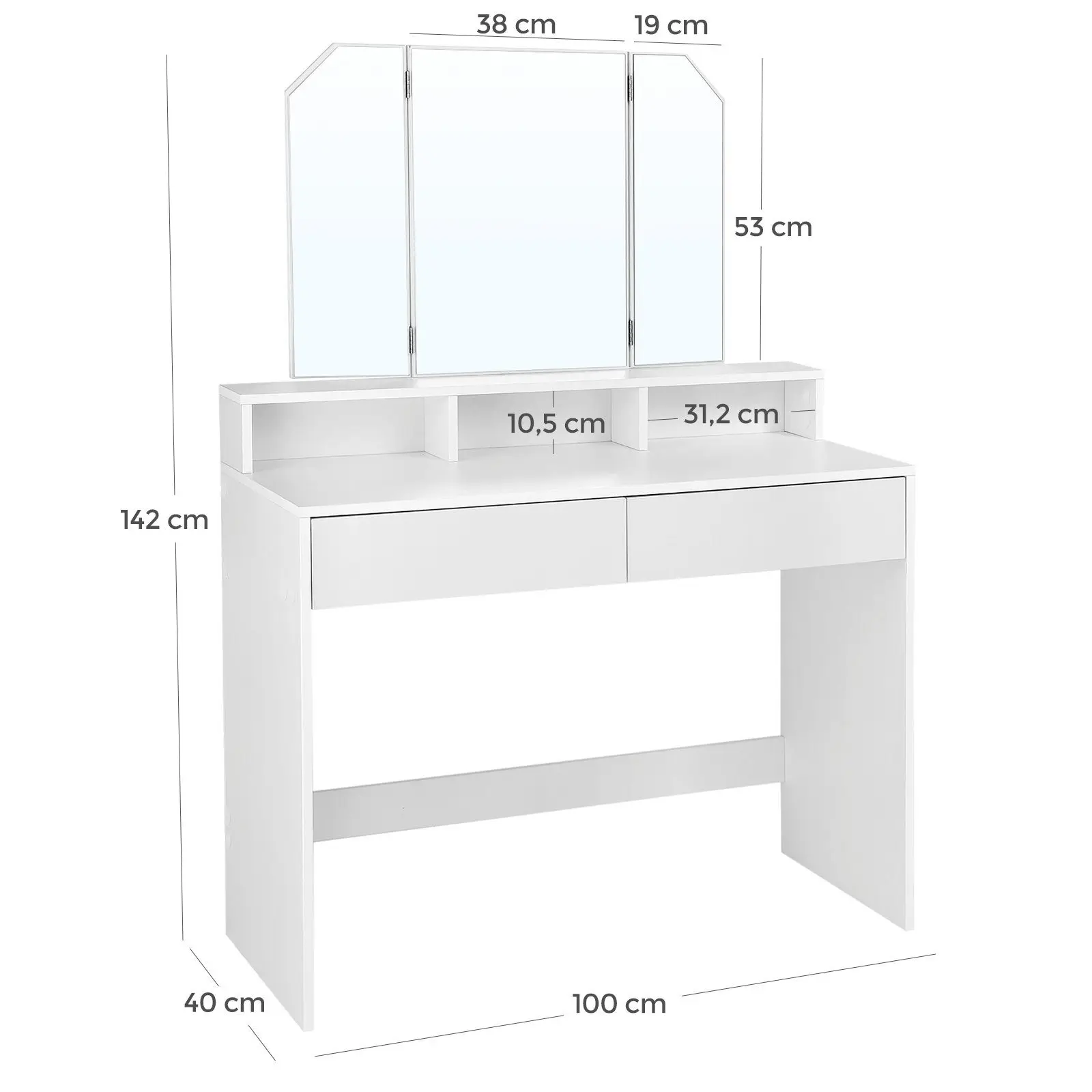 VASAGLE Schminktisch, mit Klappspiegel, 3 offenen Fächern, modern, weiß