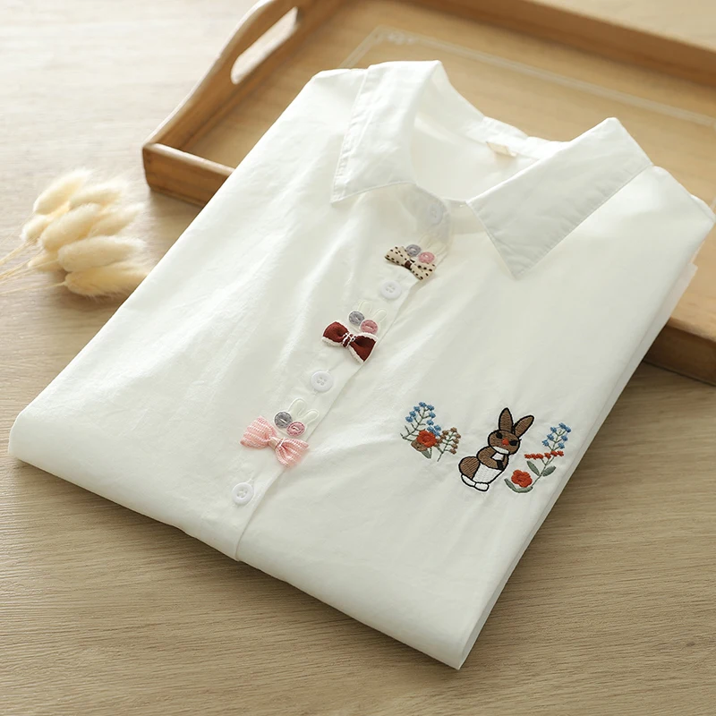 New Women Casual Sweet Front Bow Appliques Cartoon Embroidery Shirt White Color Long Sleeved Loose Slimming Blouse Tops U310