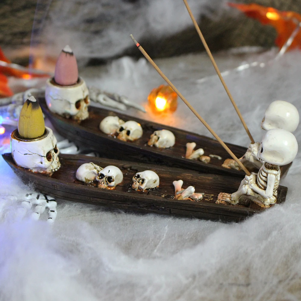 Skull Boat Incense Holder Ghost Fishing On Boat Incense Burner Creative Skeleton Statue Incense Stand Decorative for Study Room