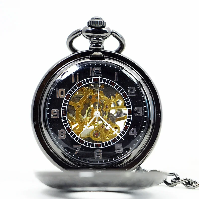 Vintage Pocket Watch Antique Roman Number Mechanical Steampunk Pocket Watches Black Hollow Pendant Clock Chain Necklace Men Gift