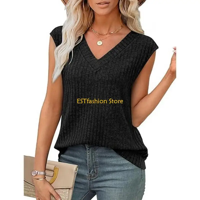 Y5GC Womens Ribbed Knitted Tops Sleeveless V Neck Shirts Casual Loose Summer Sweater Vest