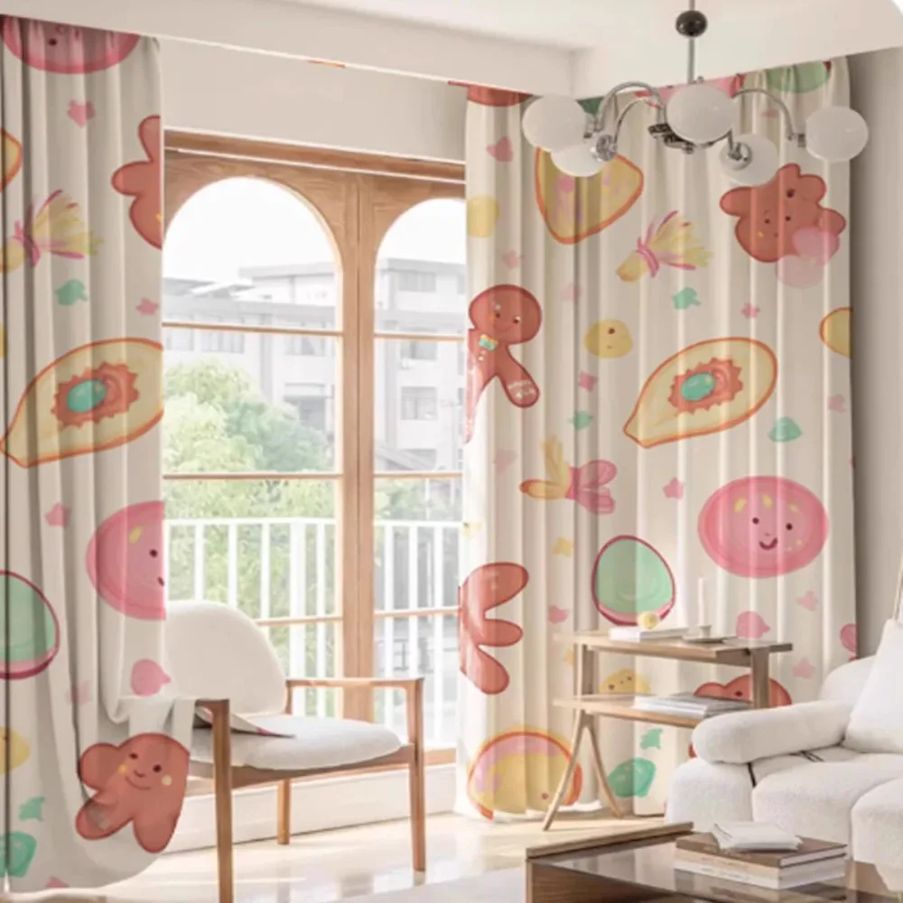 Whimsical Cookie Kids Curtains - Gingerbread Man Digital Print Blackout Drapes for Candy Bedroom Decor Custom Image Size