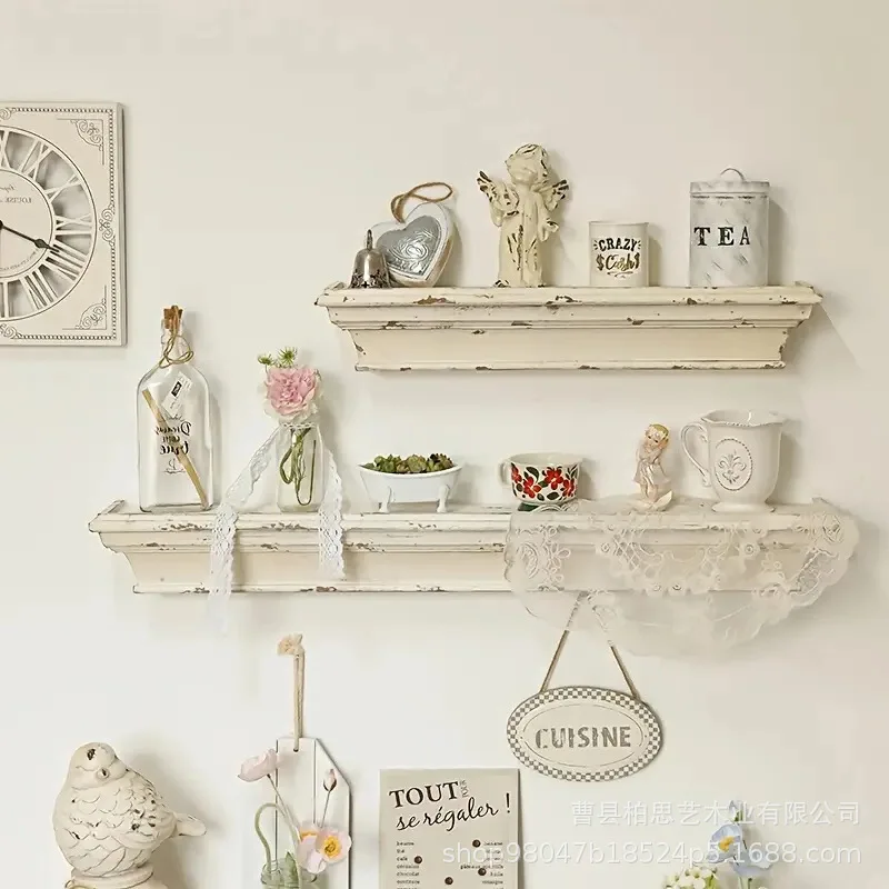 French retro wall rack home decoration white suspended shelf wall rack living room corridor layered wall storage rack