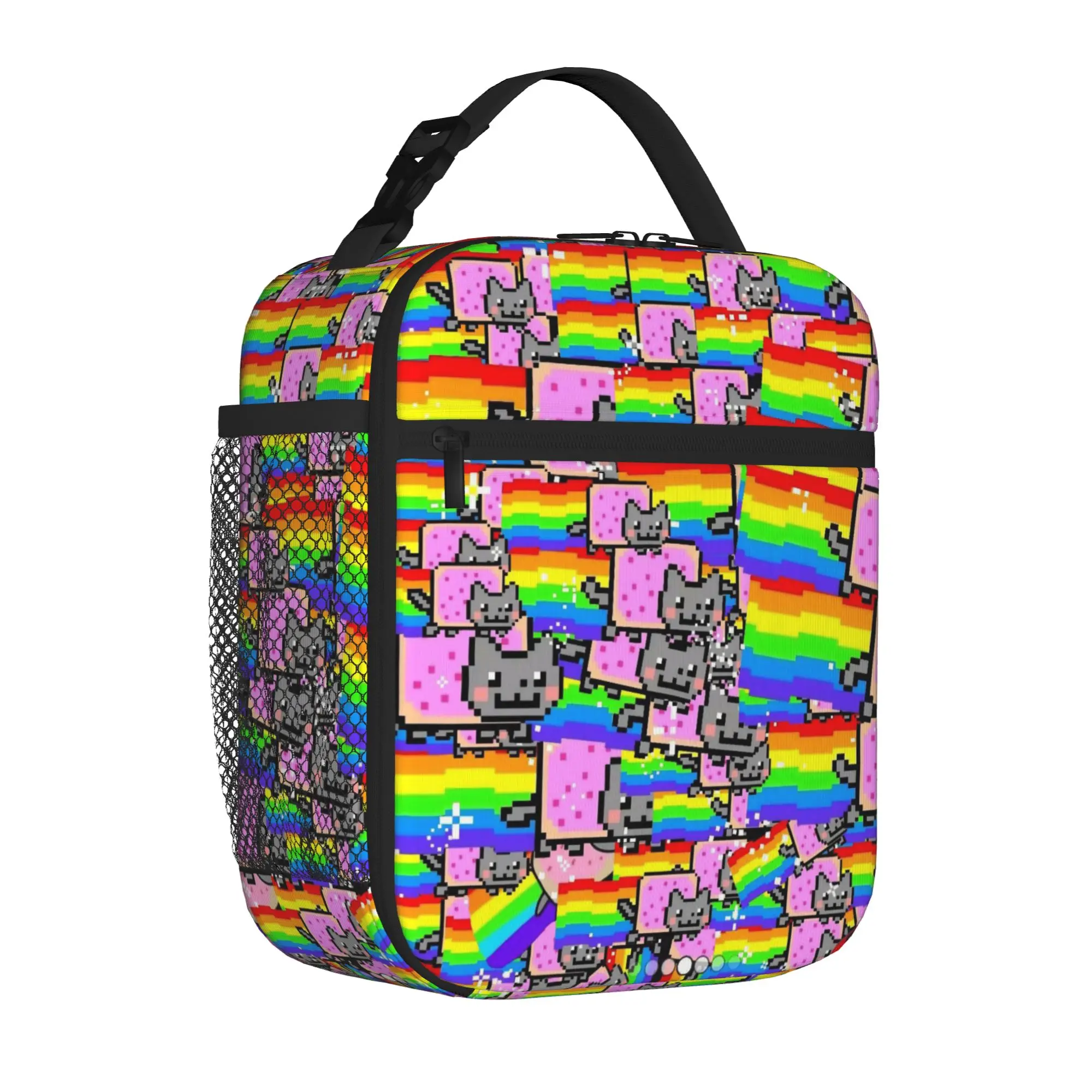 Nyan-Cats Rainbow Funny Game Tote Insulated Lunch Bag Internet Meme Handheld Food Bag Reusable Thermal Cooler Washable Bento Box