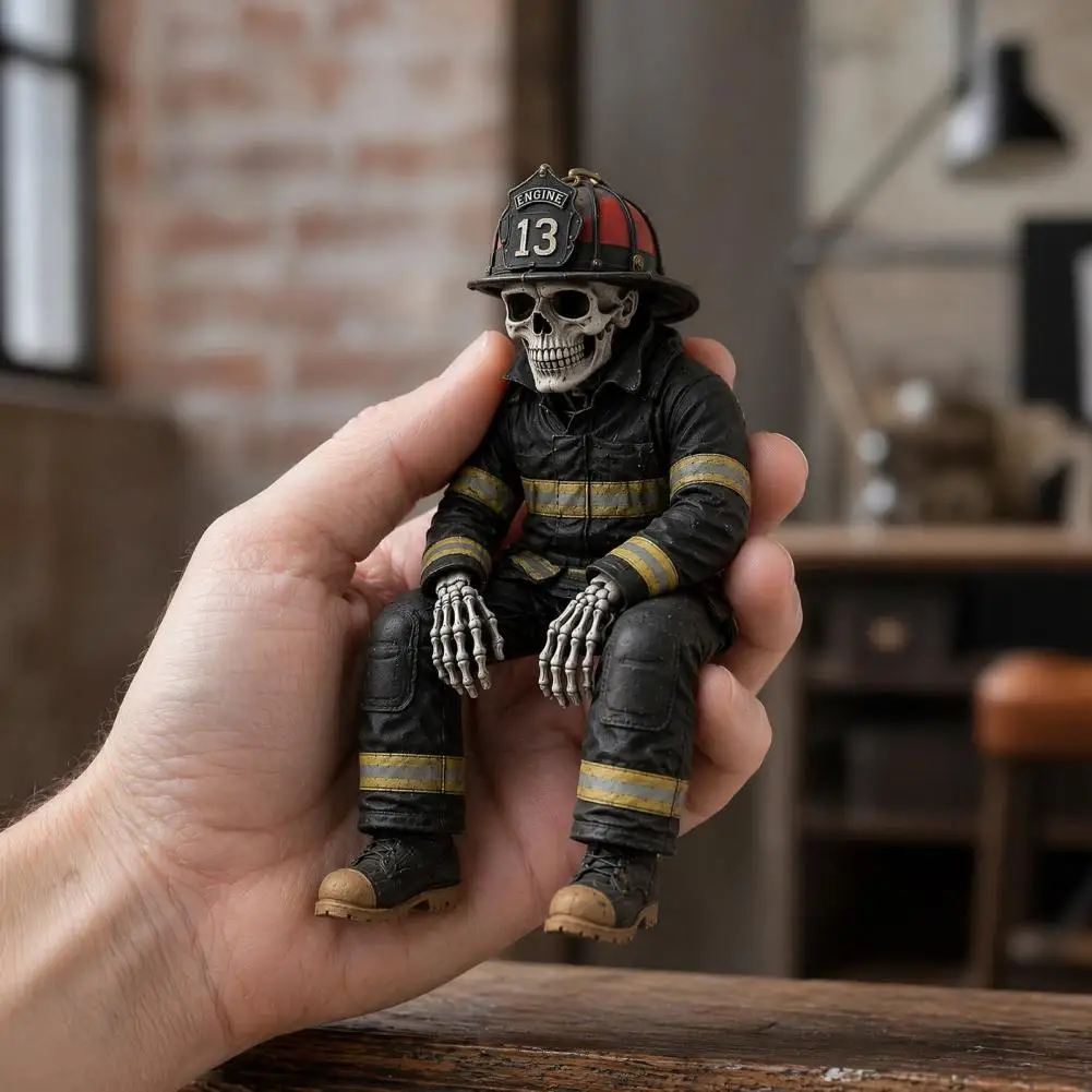 Firefighter Ornament Waterproof Resin Decor Firefighter Skeleton Shelf Sitter Statue Vintage Resin Figurine with Realistic Gear