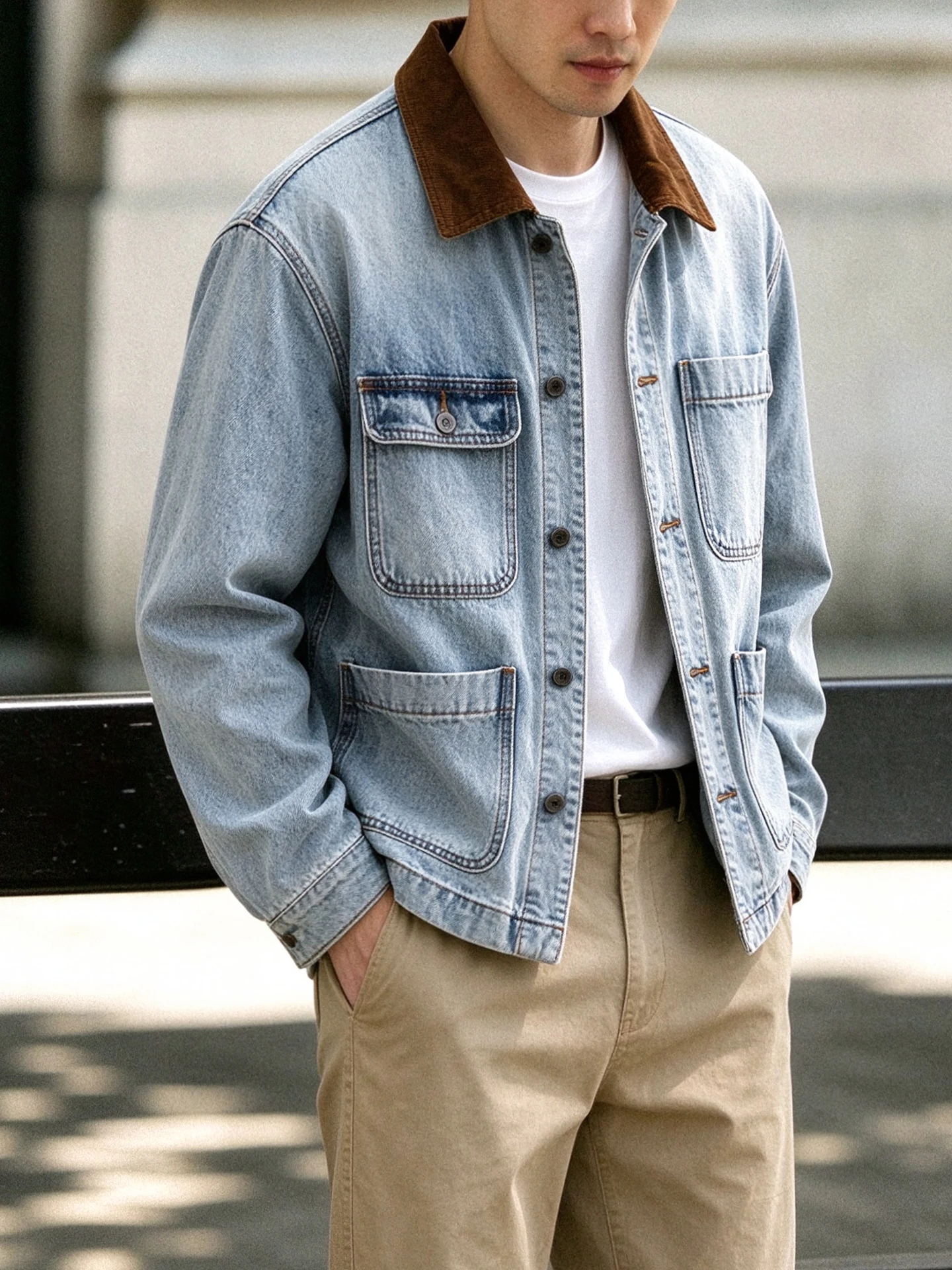 Loose Fit Men's Denim Jacket Light Blue Washed Corduroy Contrast Collar Multiple Pockets Casual Workwear Outerwear