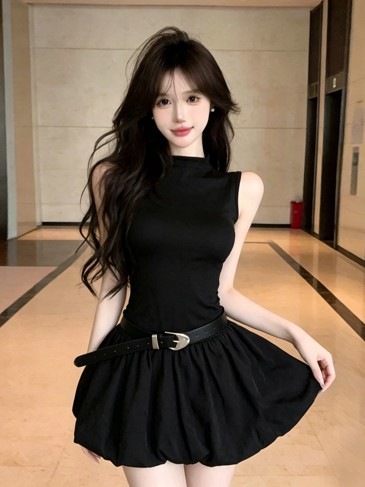 

Spicy Girl Slim Fit Sleeveless Vest Black A-Line Dress Women Summer Short Design Backless Flower Bud Puffy Skirt Ensemble