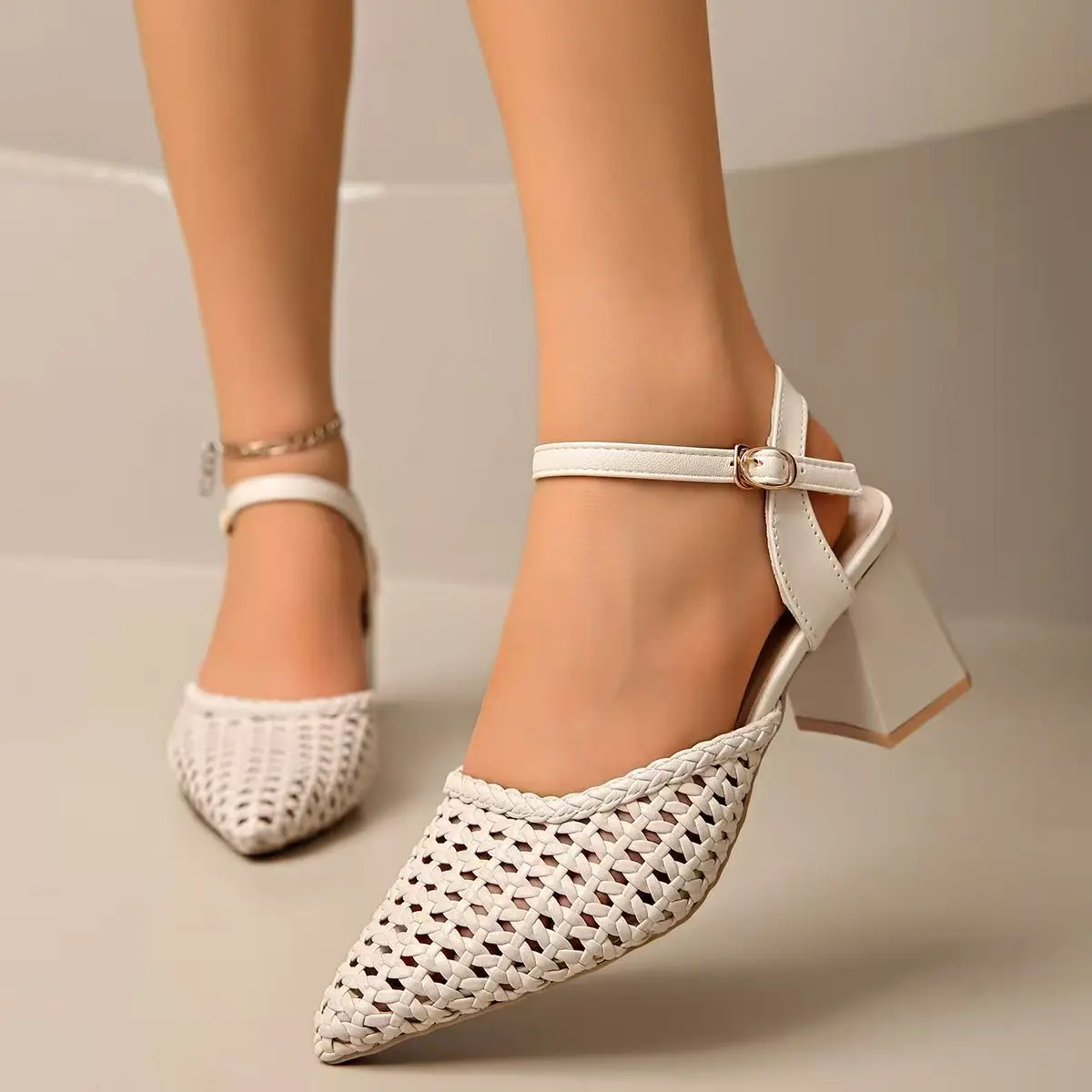 

Women PU Leather Woven Baotou High Heel Sandal Summer New Soft Sole Breathable Pointed Toe Hollow Out Block Heel Big Size Sandal
