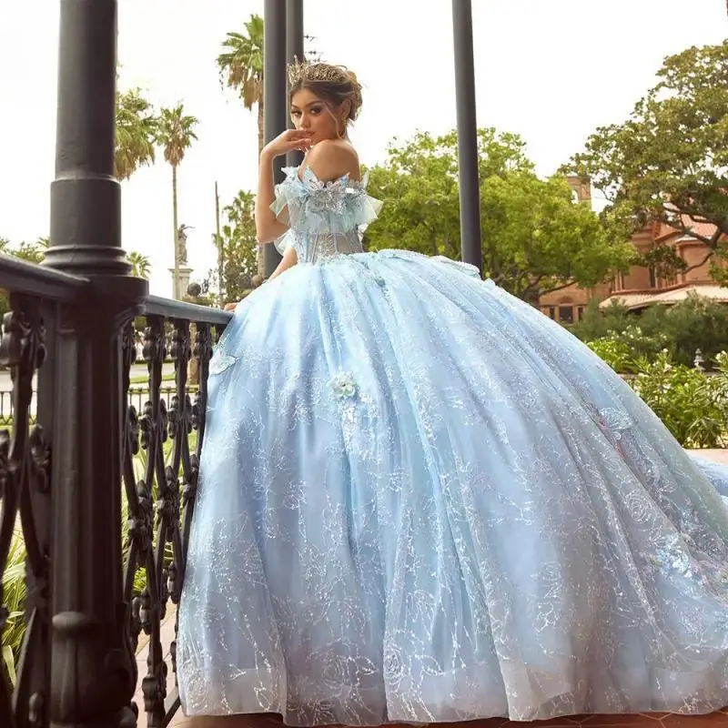 Robes de Quinceanera à paillettes scintillantes personnalisées, robe de Rhbleu clair, appliques de dentelle, corset personnalisé, éducatif, XV An