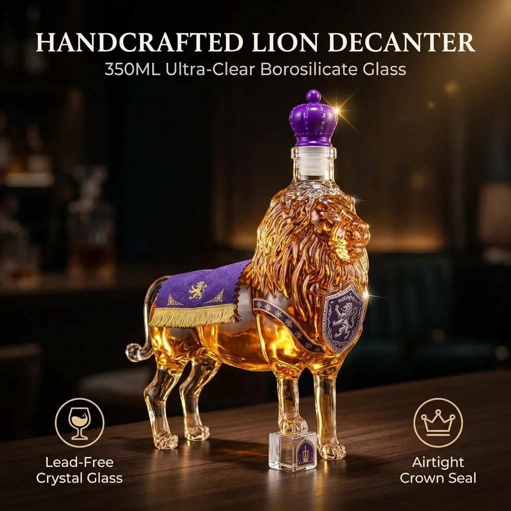 Royal Lion Shaped Liquor Decanter 350ml Transparent Glass Spirits Container Crown Top Vintage Barware Ornament for Display