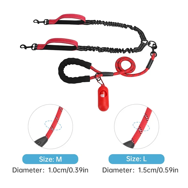 Durable High-Quality Double Dog Leash with Shock Absorbing Bungee - Strong Nylon Rope for Walking Two Large Dogs - Includes Free