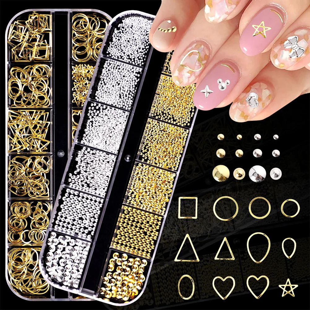 

12 Grid Gold Silver 3D Nail Charm Punk-Style Nail Metal Art Decorations Premium DIY Nail Salon Makeup Props Decoration