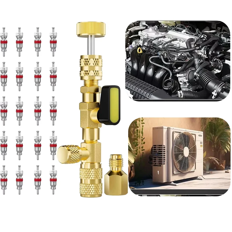 Valve Core Remover Installer Tool W/ Dual Size SAE 1/4 & 5/16 Port Adapter, Valve Tool for R22 R410a Air Conditioner Refrigerant