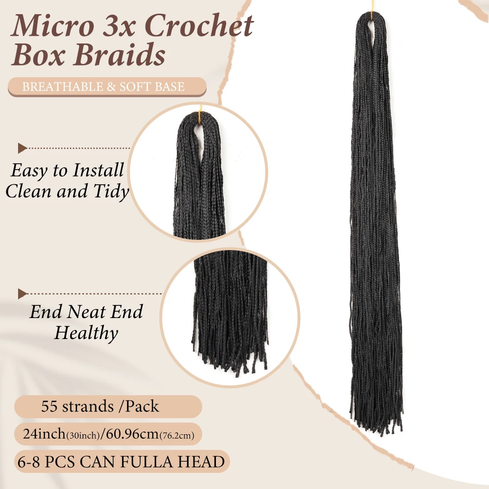 Tranças micro pré-loopadas para mulheres e meninas, tranças sintéticas Zi, tranças finas de caixa pequena, cabelo torcido de crochê, 3X, 24 pol