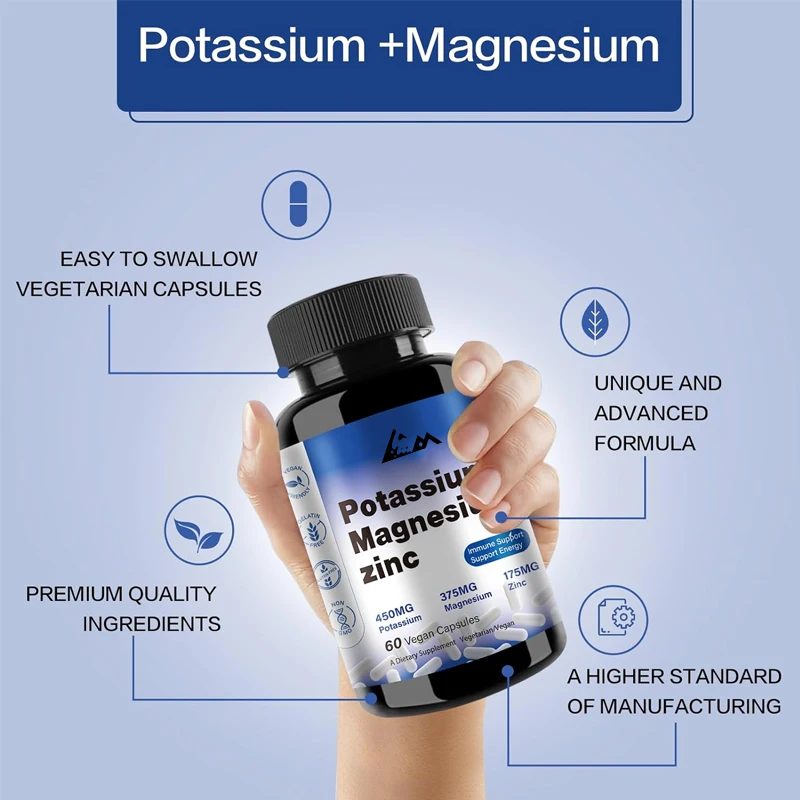 Magnesium potassium supplement 1000mg, used for leg spasms, supports vascular, bone, heart, and muscle health, vegetarian