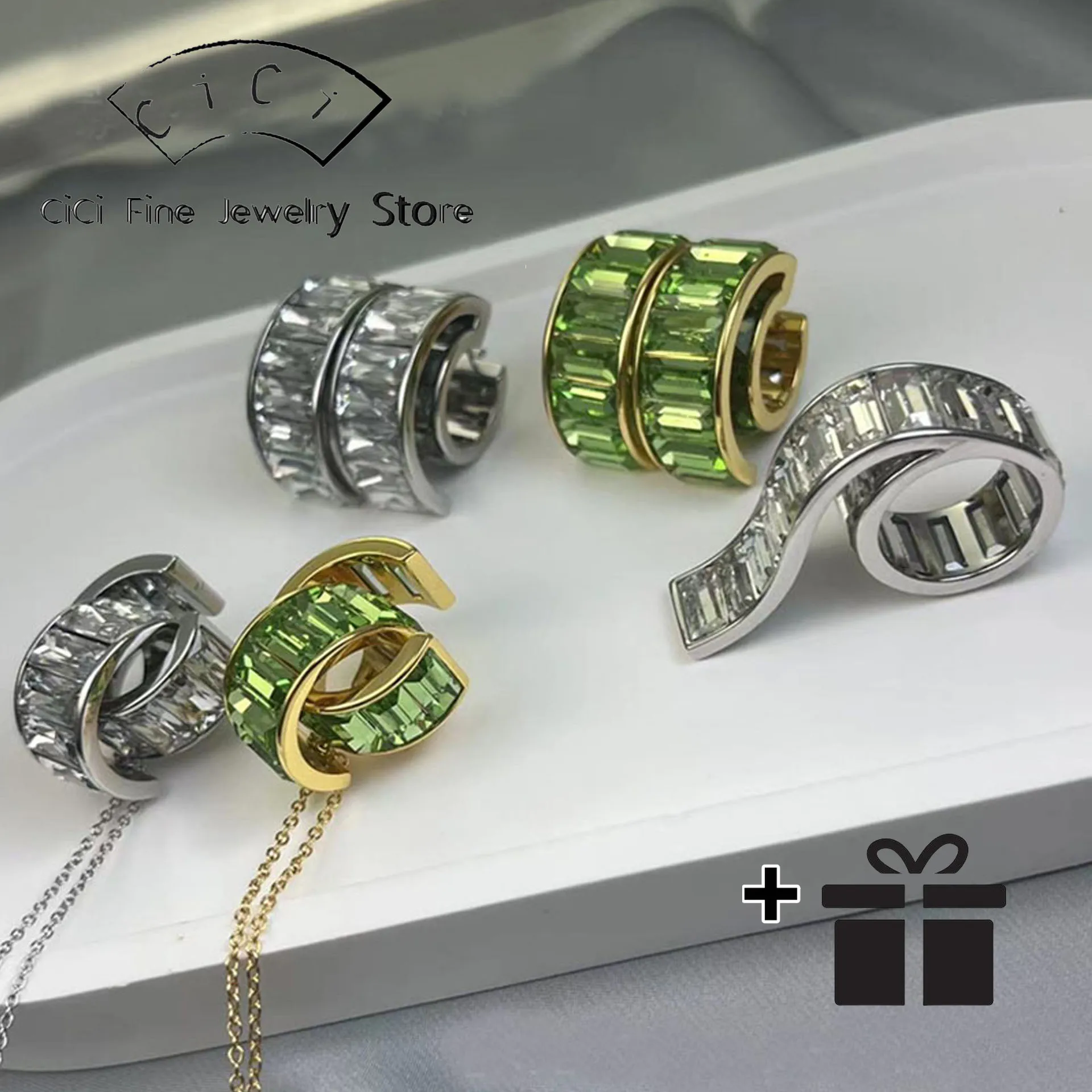

High quality2025 New Trend Eye-Catching Baguette Cut Green Crystal Original Women's Necklace Earrings Bracelet Ring Exquisite Je